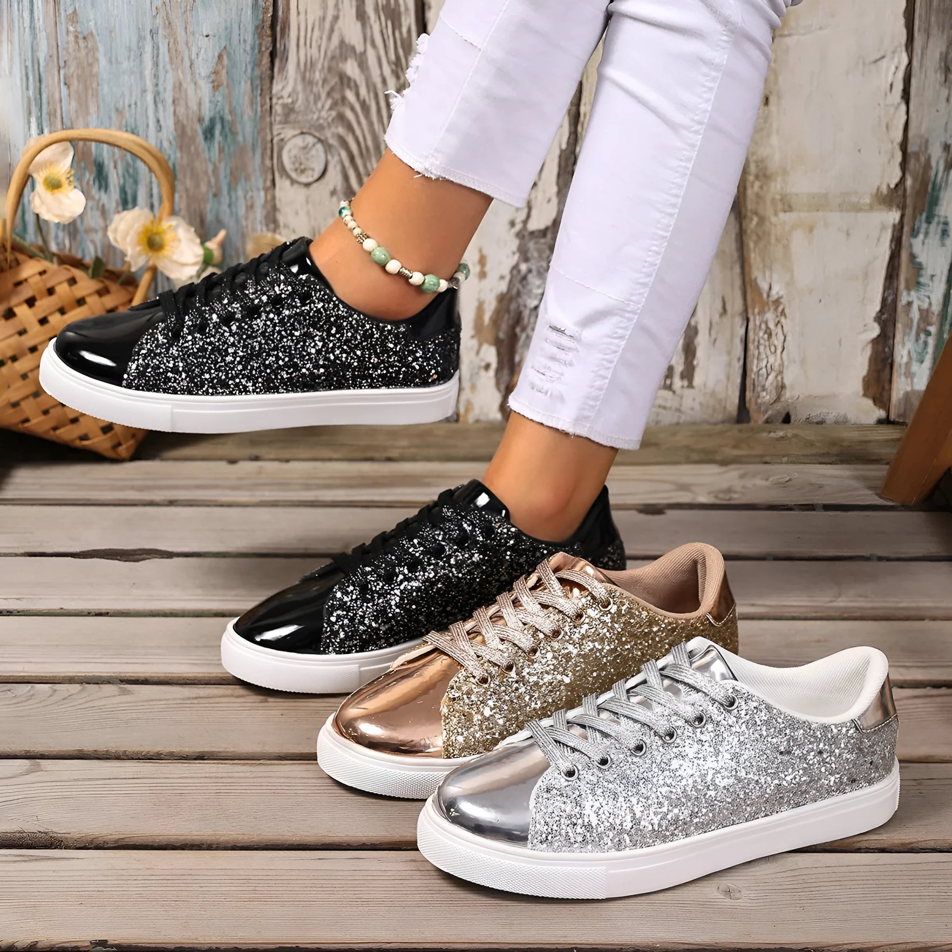 Women's plus size black board shoes with sequined front panel and lace-up closure