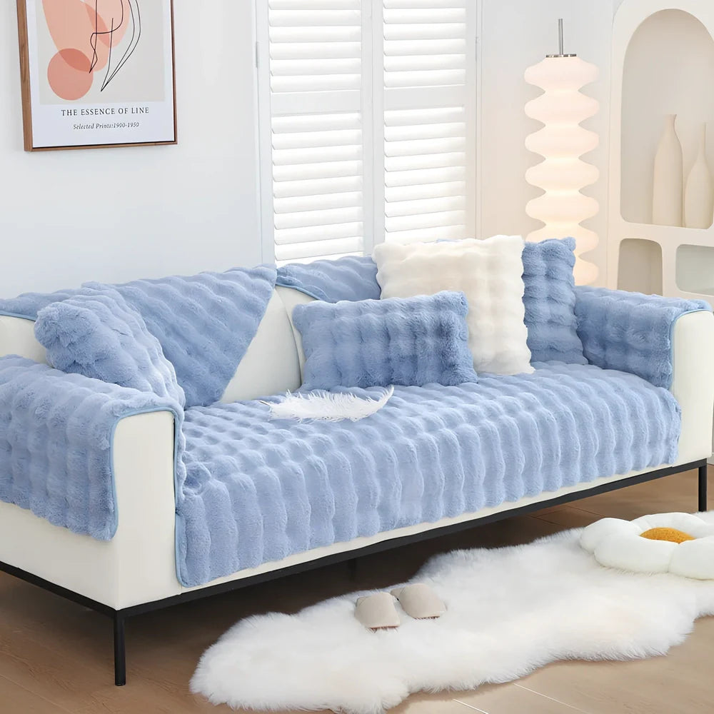 Flannelette sofa cushion with bubble plush texture in square pattern, available in multiple sizes and colours