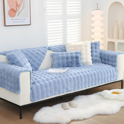 Flannelette sofa cushion with bubble plush texture in square pattern, available in multiple sizes and colours