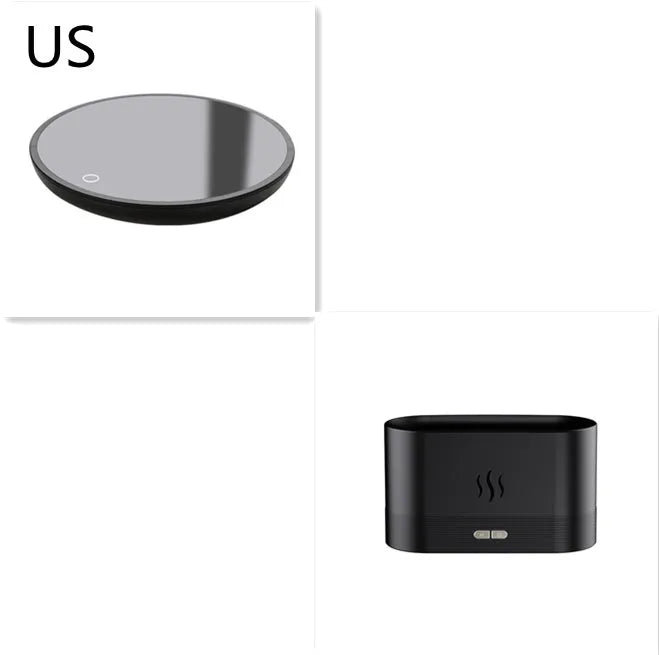 Black square ultrasonic aroma diffuser with flame light effect and mist output.