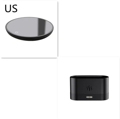 Black square ultrasonic aroma diffuser with flame light effect and mist output.