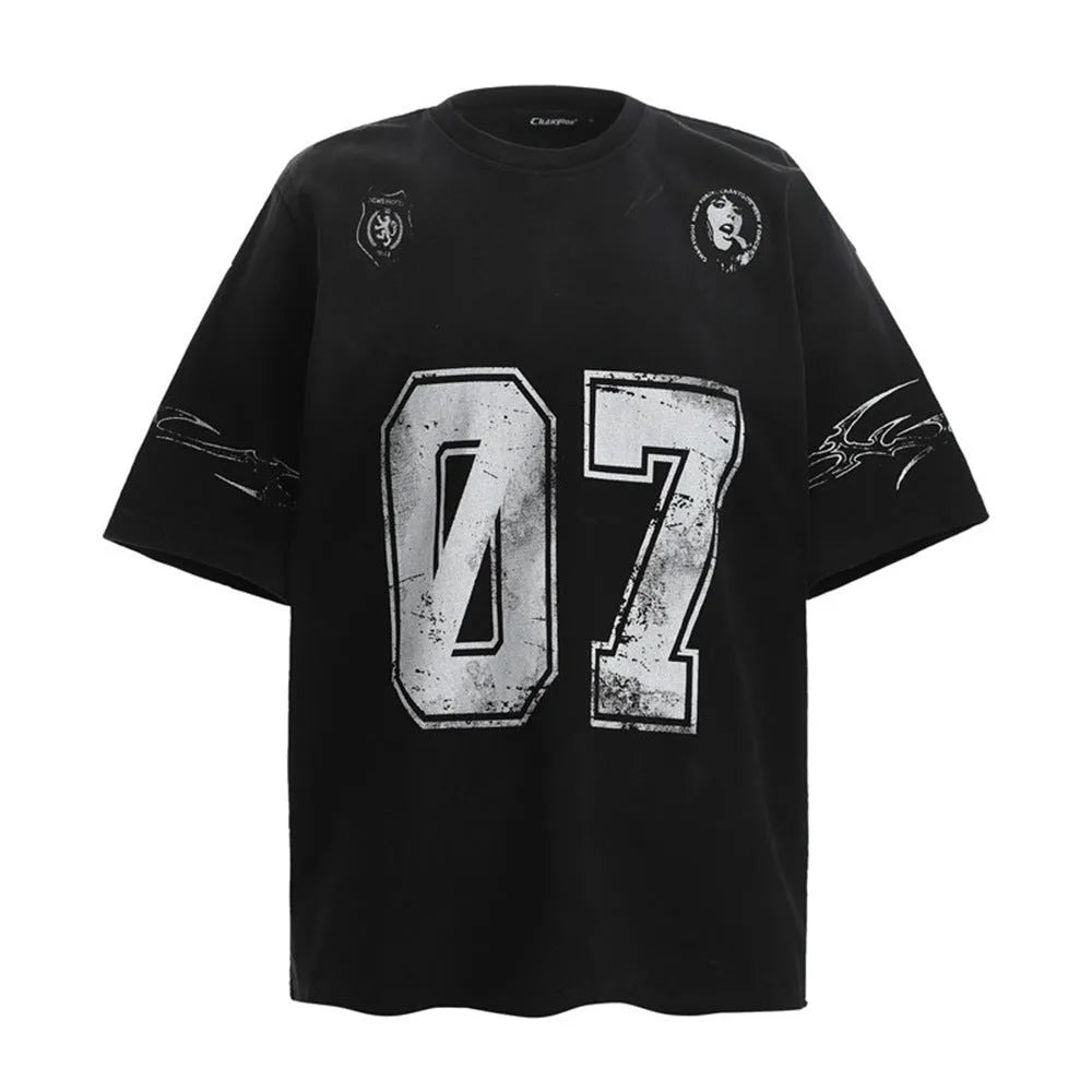 Men's black and white pure cotton short-sleeved T-shirt with printed design showing size options