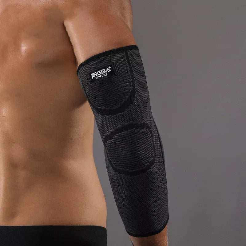 Elbow Pad Sports Guard for weightlifting, cycling, and basketball in black, green, and orange