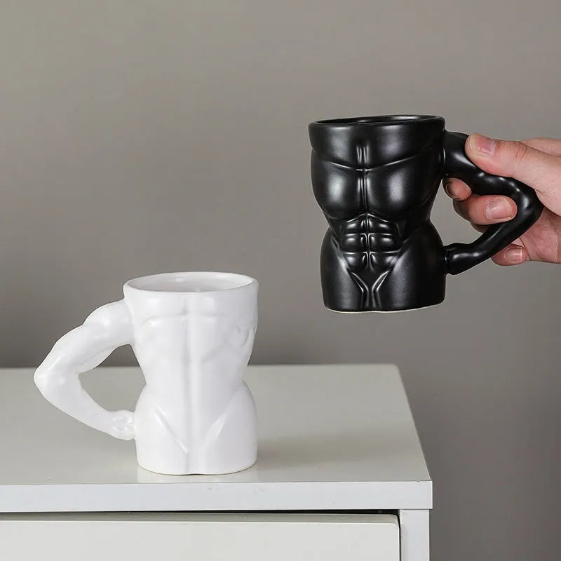 Men's ceramic mug with embossed muscular arm design in matte black finish, 300ml capacity