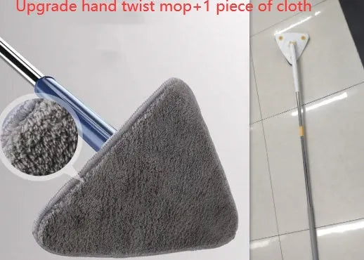 Blue extendable triangle cleaning mop with rotating head on a stainless steel pole.