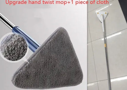Blue extendable triangle cleaning mop with rotating head on a stainless steel pole.