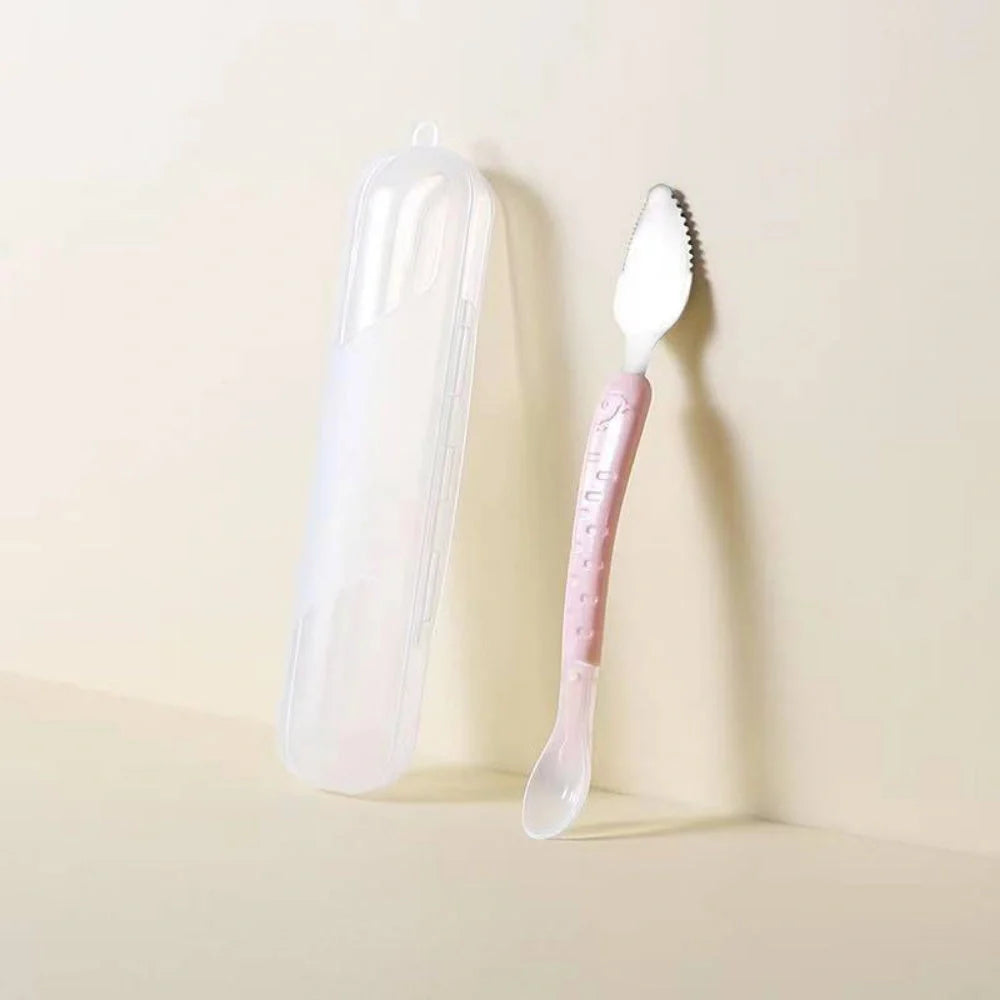 Stainless steel dual-headed baby food spoon in various colours for easy feeding