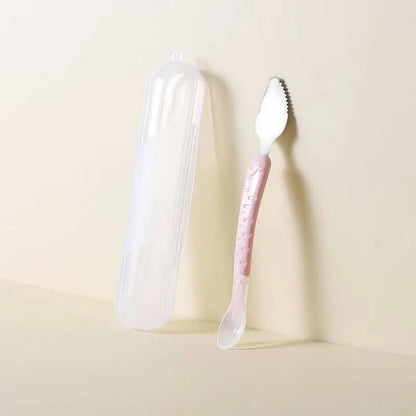 Stainless steel dual-headed baby food spoon in various colours for easy feeding