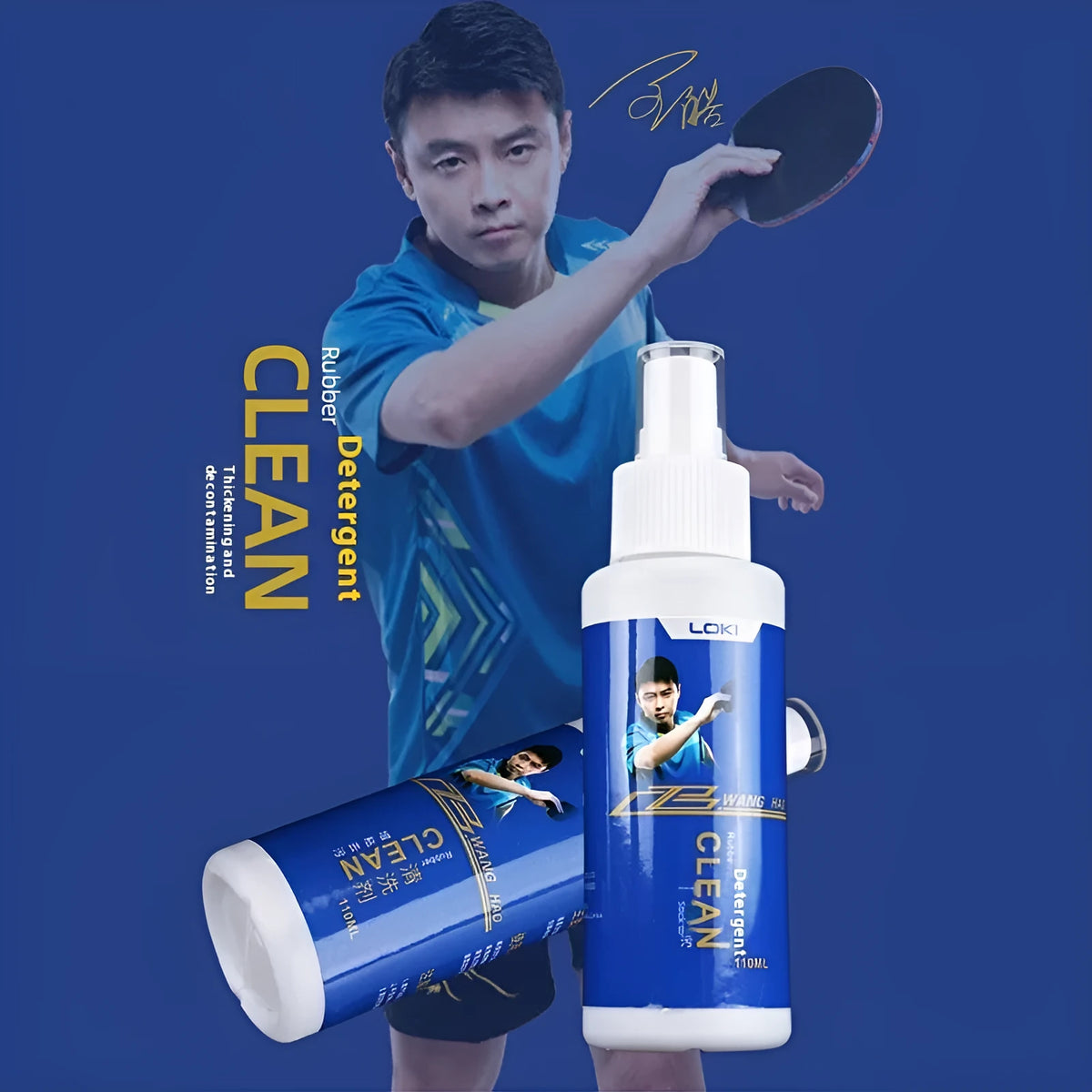 110ml bottle of table tennis rubber cleaning liquid with a white sponge applicator.