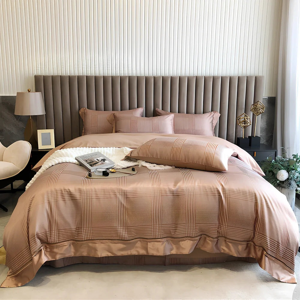 Pure cotton duvet cover with geometric jacquard pattern in Nordic style, showing embroidery texture detail