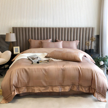 Pure cotton duvet cover with geometric jacquard pattern in Nordic style, showing embroidery texture detail