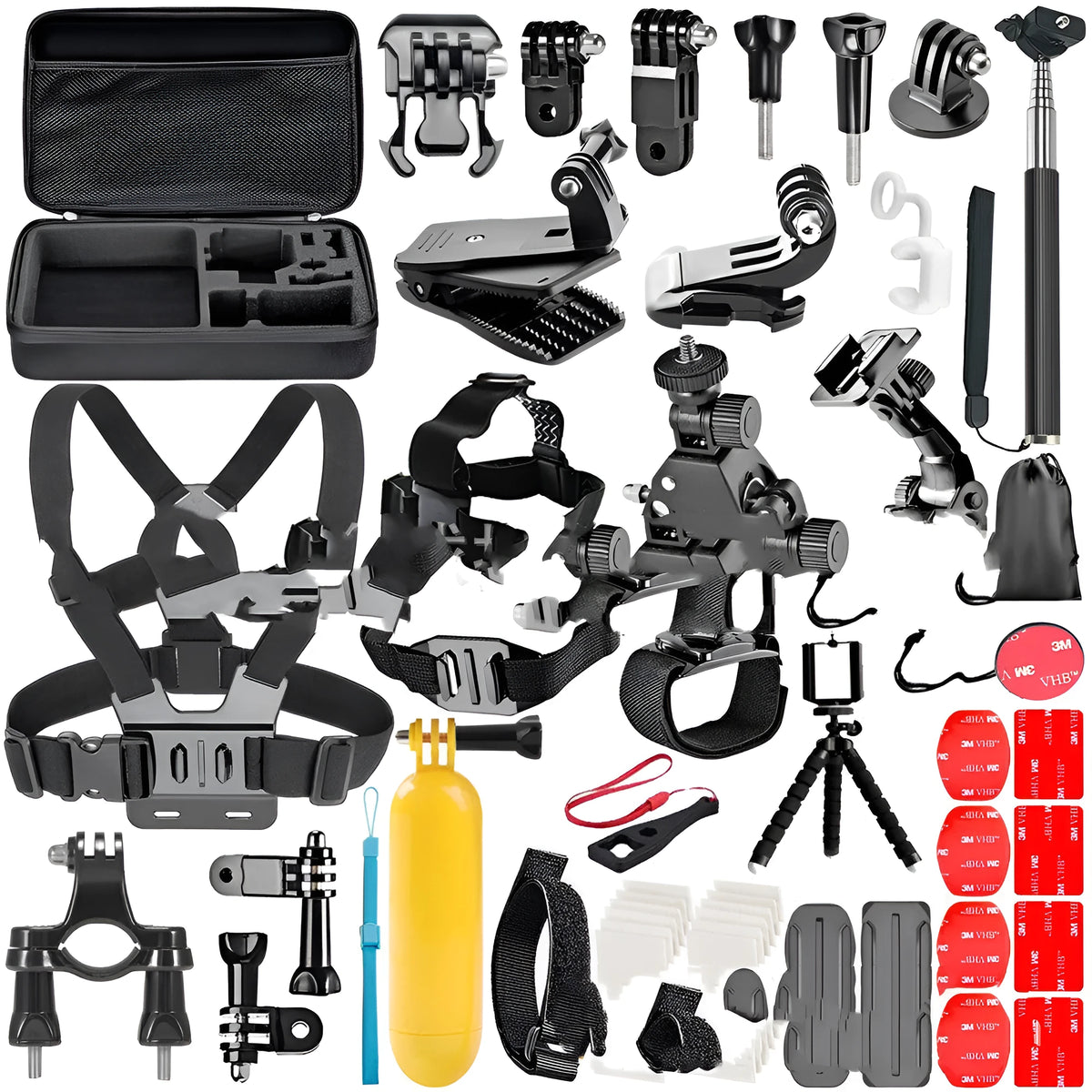 Black GoPro accessories set with chest strap, helmet mount and tripod for action camera filming