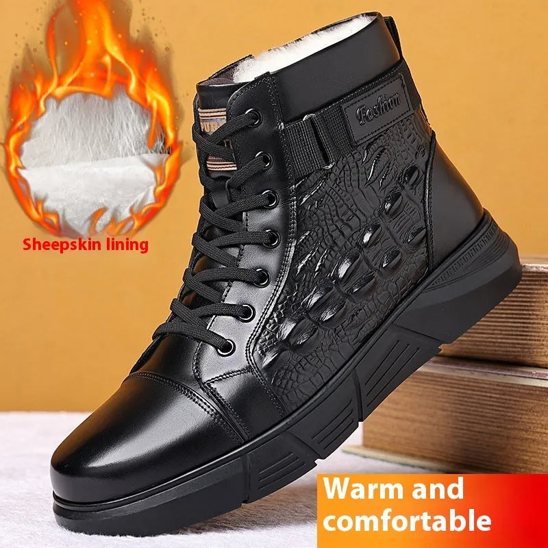 Men's brown genuine leather lace-up snow boots with fur lining and deep-tread rubber sole on a wooden surface.