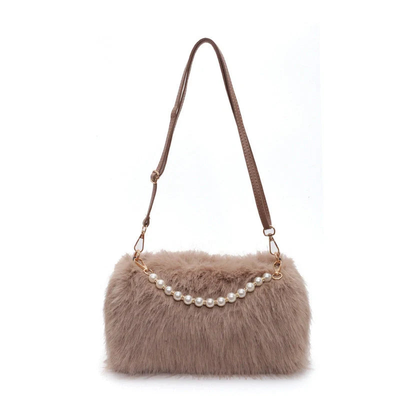 Autumn and winter plush pearl chain crossbody bag for women in various colours