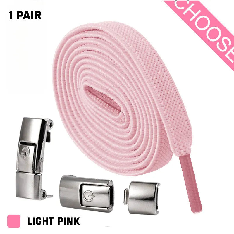 Press lock elastic shoelace with 8mm widened flat profile in assorted colours.