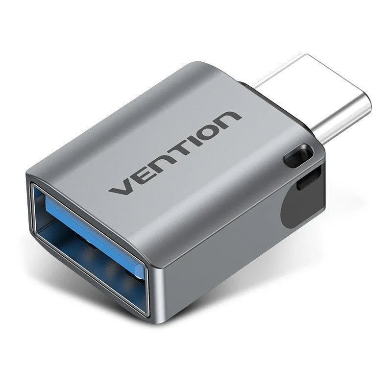 Grey aluminium alloy USB-C male to USB-A female OTG adapter with lanyard hole.