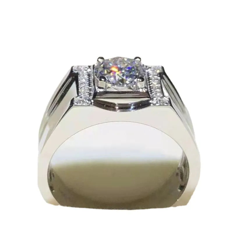 Men's adjustable copper finger ring with electroplated MJ-38 white gold finish and geometric hexagon pattern.