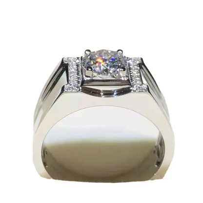 Men's adjustable copper finger ring with electroplated MJ-38 white gold finish and geometric hexagon pattern.