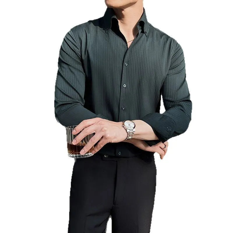 Men's striped V-neck long sleeve shirt in polyester blend available in four colours