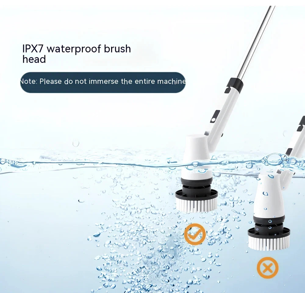 White 7-in-1 wireless electric cleaning brush with retractable 100cm handle and interchangeable heads for bathroom toilet floor scrubbing