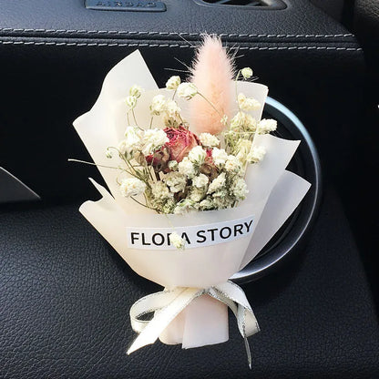 Dried flower car air freshener set with colourful bouquet and fragrance strips for air conditioning vents