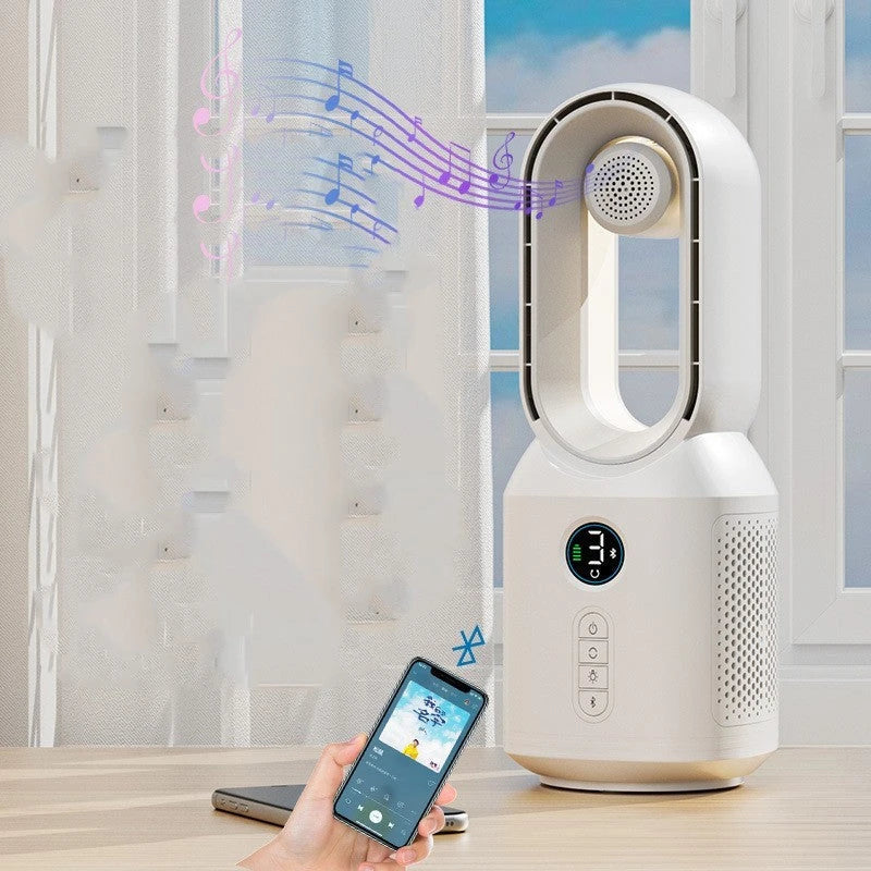 Multifunctional bladeless fan with Bluetooth speaker and LED night light for home decor and cooling comfort