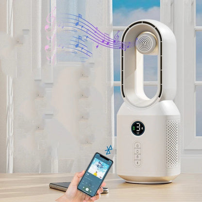 Multifunctional bladeless fan with Bluetooth speaker and LED night light for home decor and cooling comfort