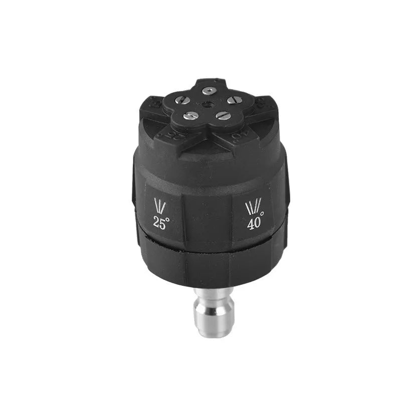 Multi-functional five-in-one spray nozzle for high-pressure water gun, shown in engineering plastic.