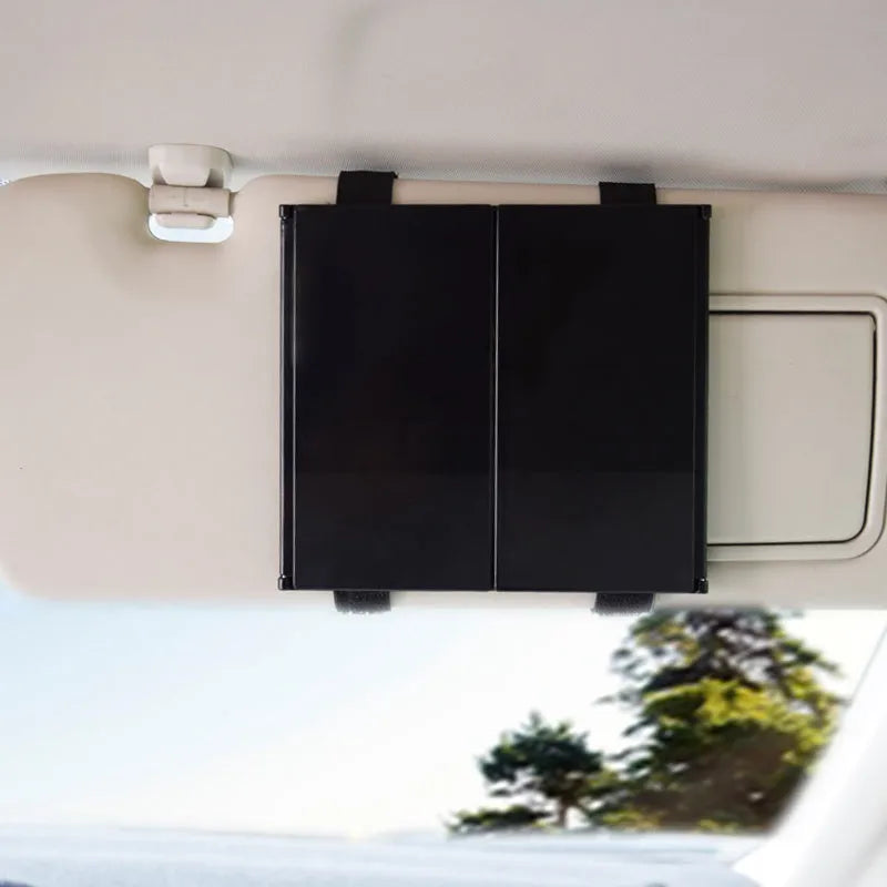 Silver car folding makeup mirror shown in opened position measuring 30.5cm wide