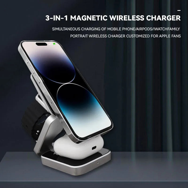 Folding three-in-one wireless charging bracket for Apple Samsung and Google devices with magnetic induction ring