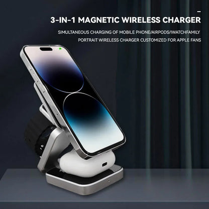 Folding three-in-one wireless charging bracket for Apple Samsung and Google devices with magnetic induction ring
