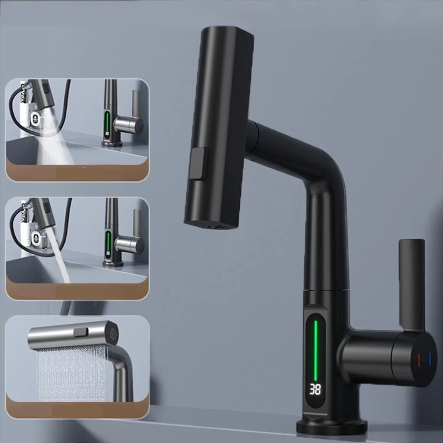 Sleek digital faucet with temperature display, 360° rotation, and pull-out hose for modern kitchen and bathroom needs