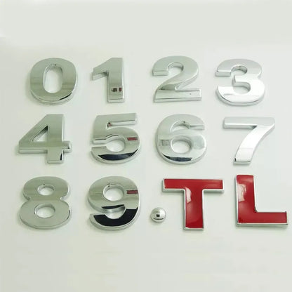 Metal zinc alloy car bumper sticker letters showing 3D design in black and silver finishes