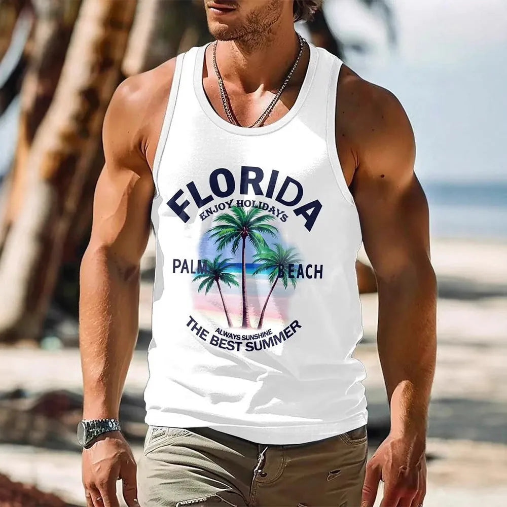 Men's 3D printed sleeveless vest in solid colour Hawaiian style