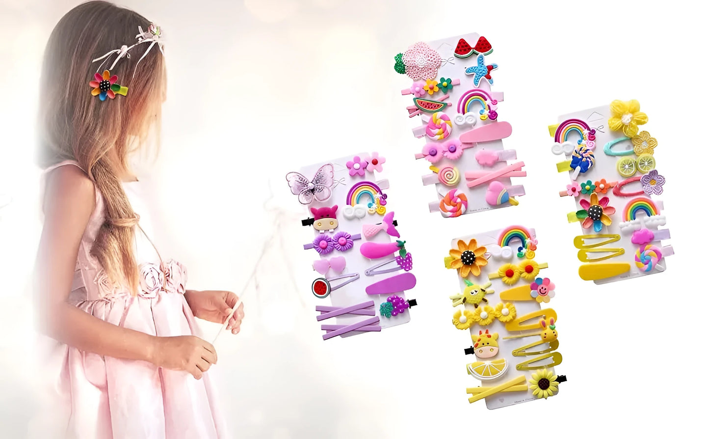 Assortment of colourful toddler hair clips and barrettes with candy, rainbow, fruit, and butterfly designs