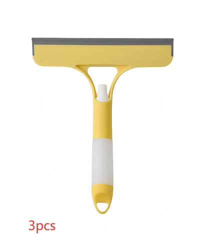 Double-sided plastic glass scraper in white, yellow, sky blue colours for household window cleaning