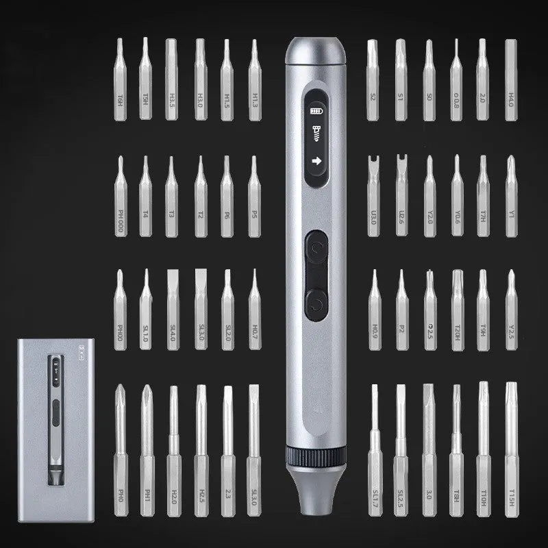 Aluminium-handle precision electric screwdriver showing compact design and charging port.