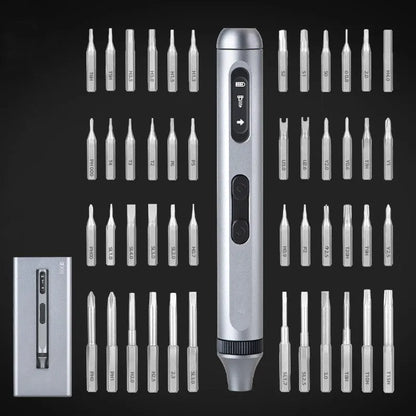 Aluminium-handle precision electric screwdriver showing compact design and charging port.