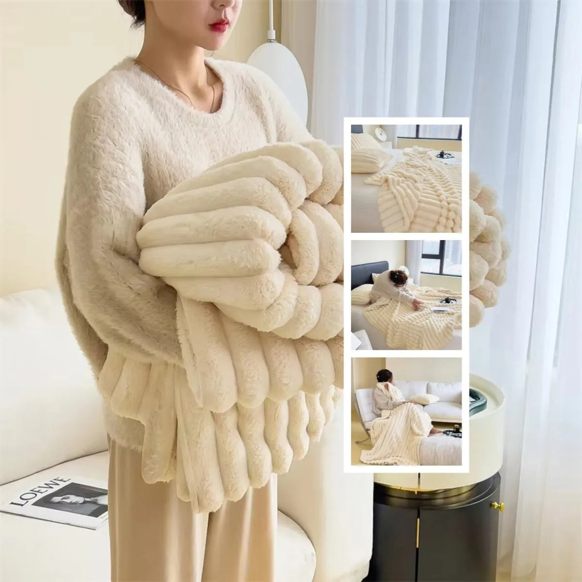 Double-sided bubble velvet faux rabbit fur blanket in a solid colour, shown folded.