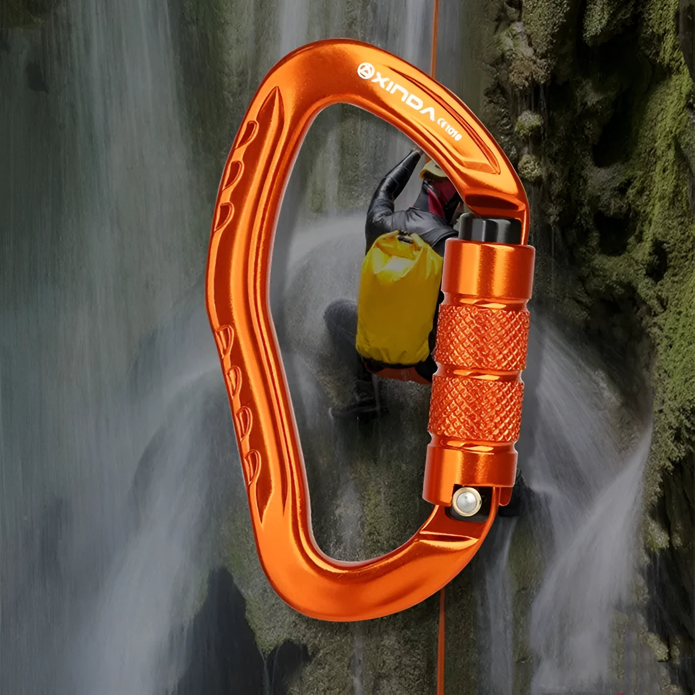 Automatic locking metal climbing carabiner with a manual safety screw on the gate, shown in silver finish.