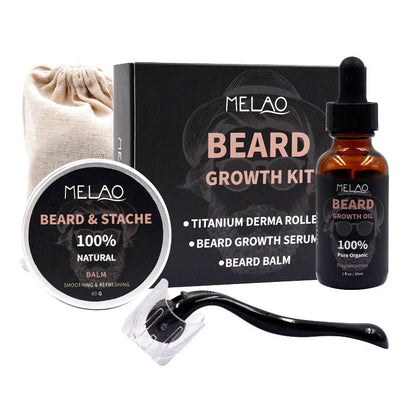 Men's three-piece beard care kit with derma roller, beard oil, beard cream in cloth bag