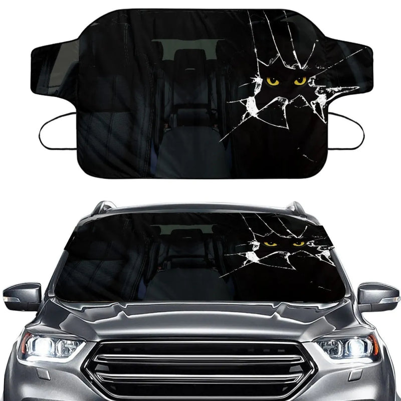 Car snow protection cover with front gear for vehicle windshields, made from aluminum film foam polyester fabric with lanyard installation system, available in dog size 130x70cm dimensions for winter weather protection