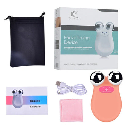 Micro current beauty instrument in orange and white colours showing facial treatment application
