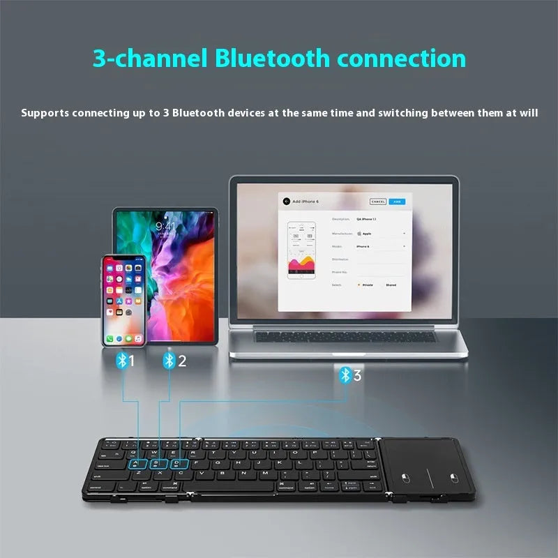 Black portable folding Bluetooth keyboard for tablets and mobile phones, shown folded.