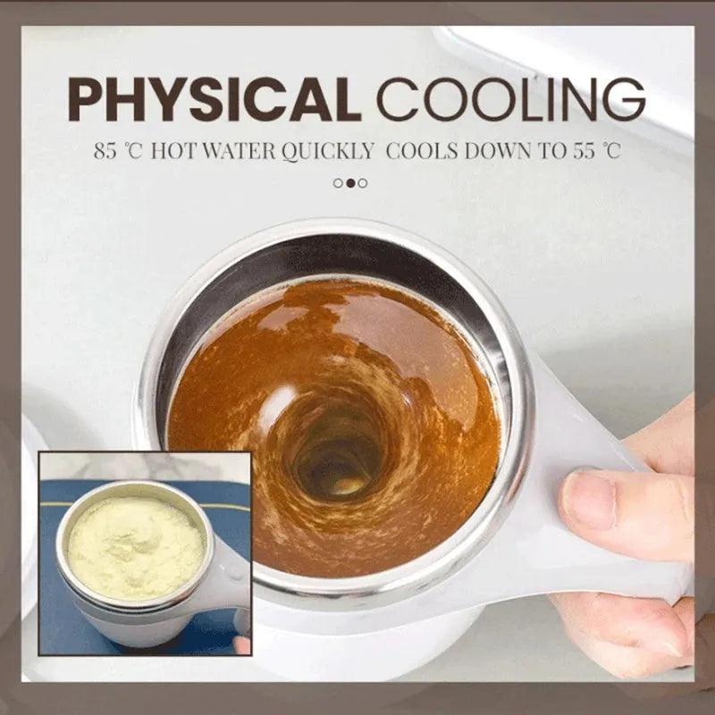 White automatic stirring coffee cup with magnetic mixing technology and modern design