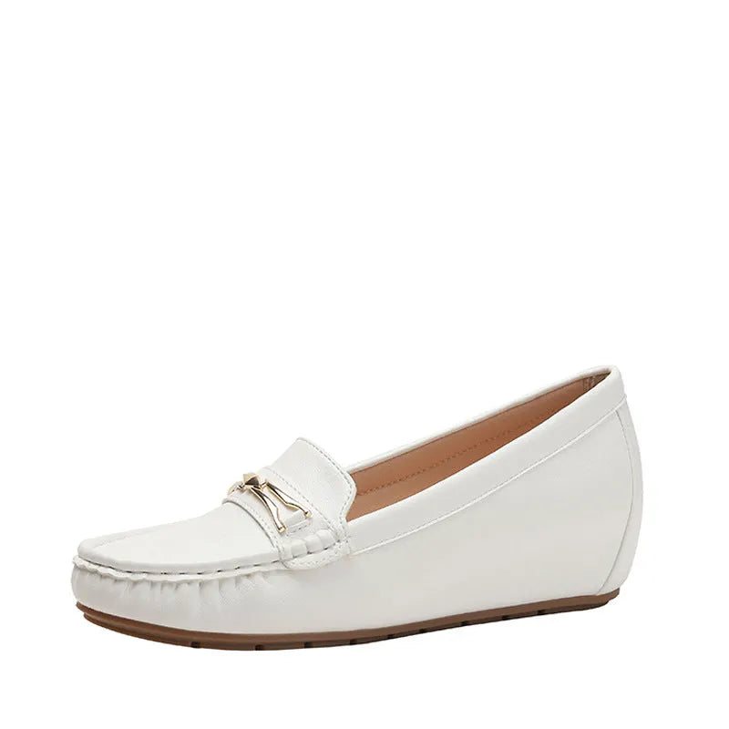 Casual height increasing slip-on shoes in black, brown, or white with round toe and soft rubber sole