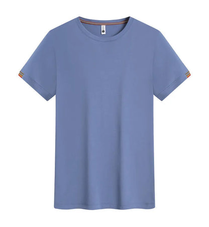 Men's grey round neck ice-feeling fibre pullover shirt for business and sports wear.