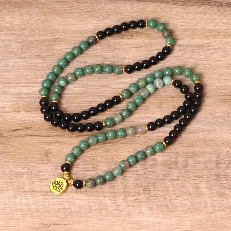 Green and black elastic beaded long bracelet made from alloy with natural style design