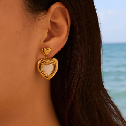 Women's gold heart fritillary earrings with stainless steel construction and 18K electroplating