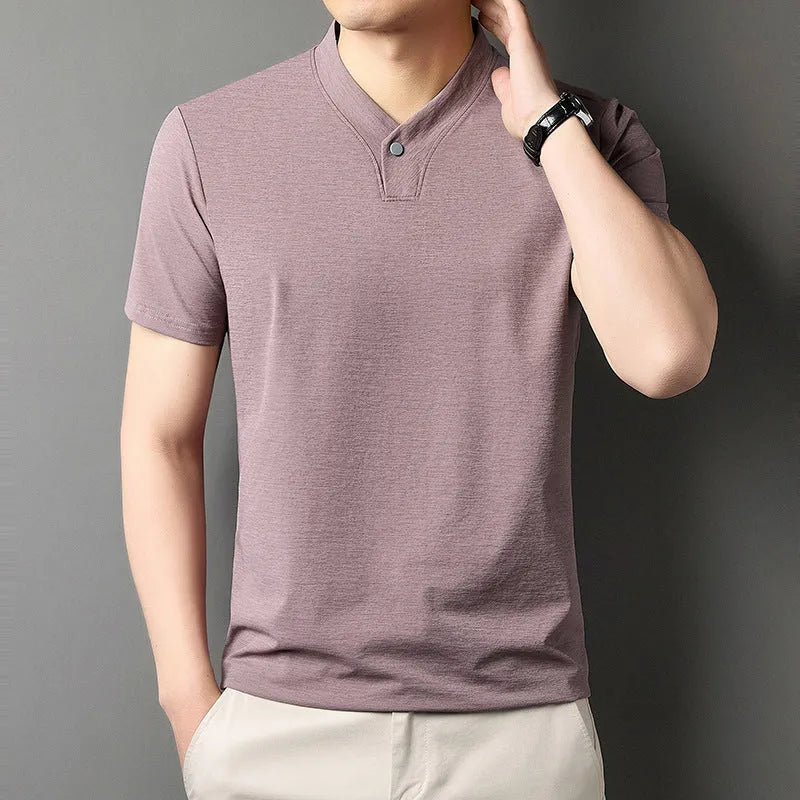 Men's short sleeve t-shirt with front zipper high-collar in polyester blend fabric